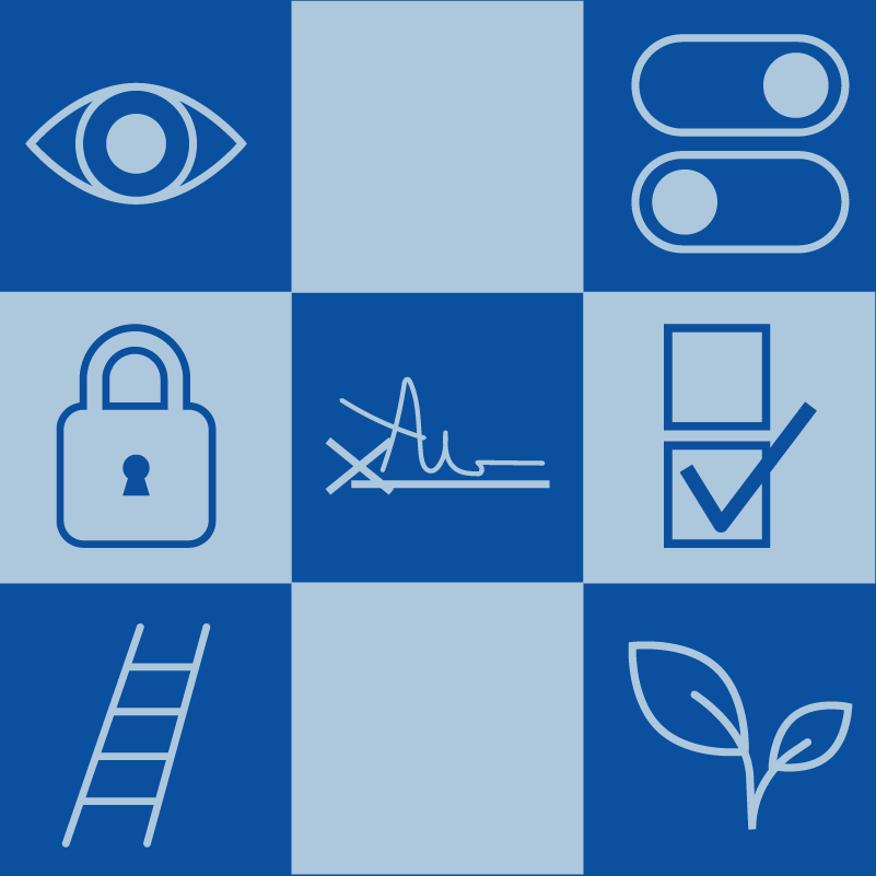 Blue and light blue checkerboard graphic featuring icons of an eye, toggle switches, lock, signature, checklist, ladder, and sprouting plant.